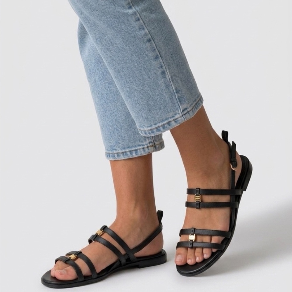 Salvatore Ferragamo Black Leather Triple-Strap Sandals with Gold Gancini Accents